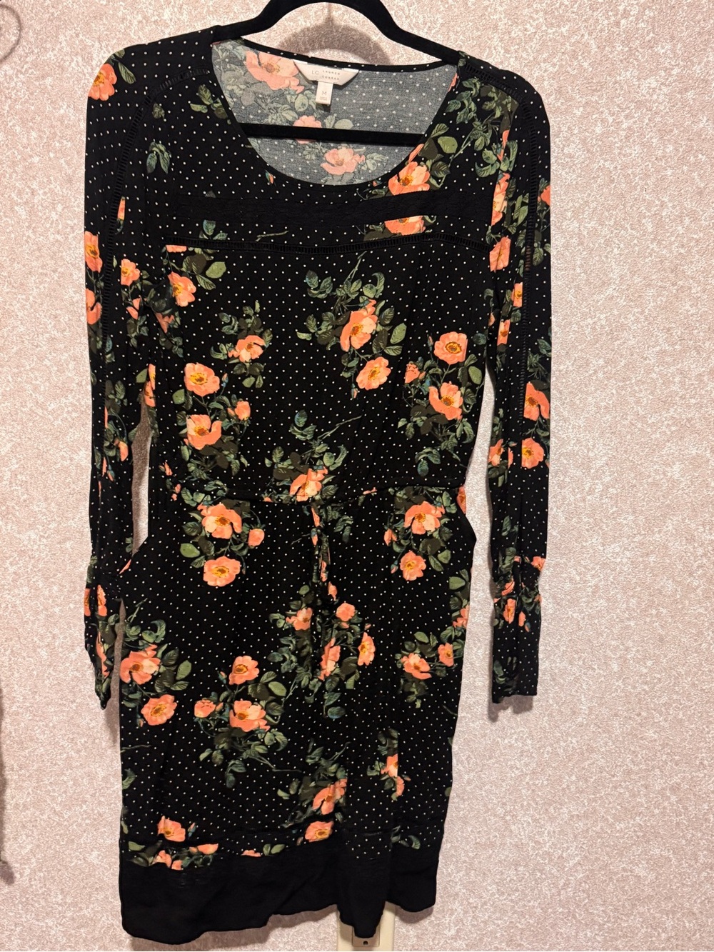 LC Lauren Conrad Black Floral Long-Sleeve Tie-Waist Dress with Coral Blooms